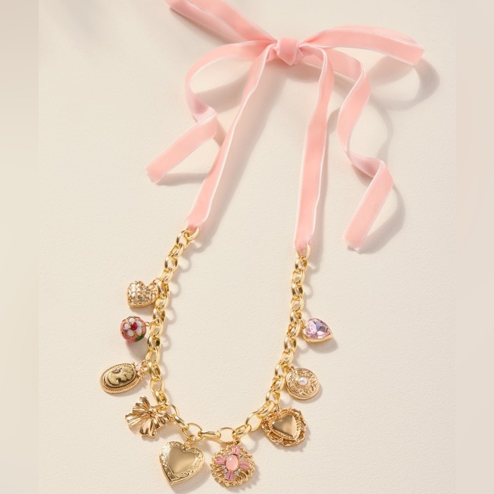 Francesca's Pink Ribbon Gold Charm Necklace